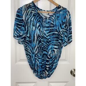 Chico’s Women’s 2 (US: L/12) Blue Black Zebra Stripe Sheer Beaded Elastic Waist‎